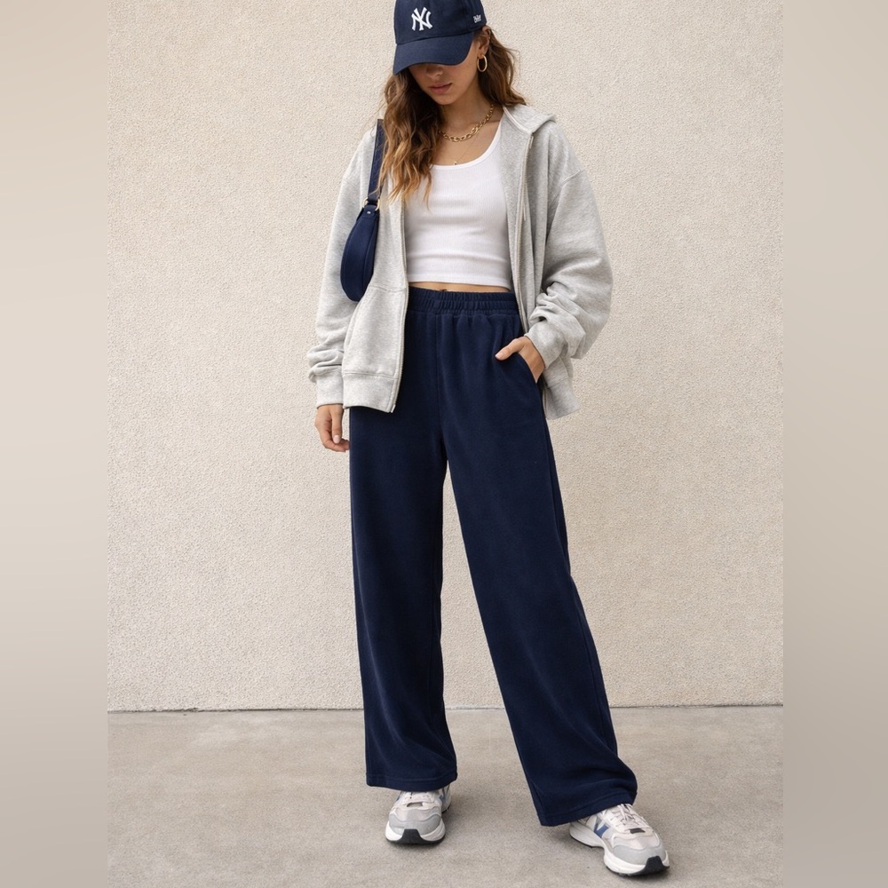 Anrabess Womens Medium Navy Blue Pull On Wide Leg Knit Lounge Pants Sweatpants
